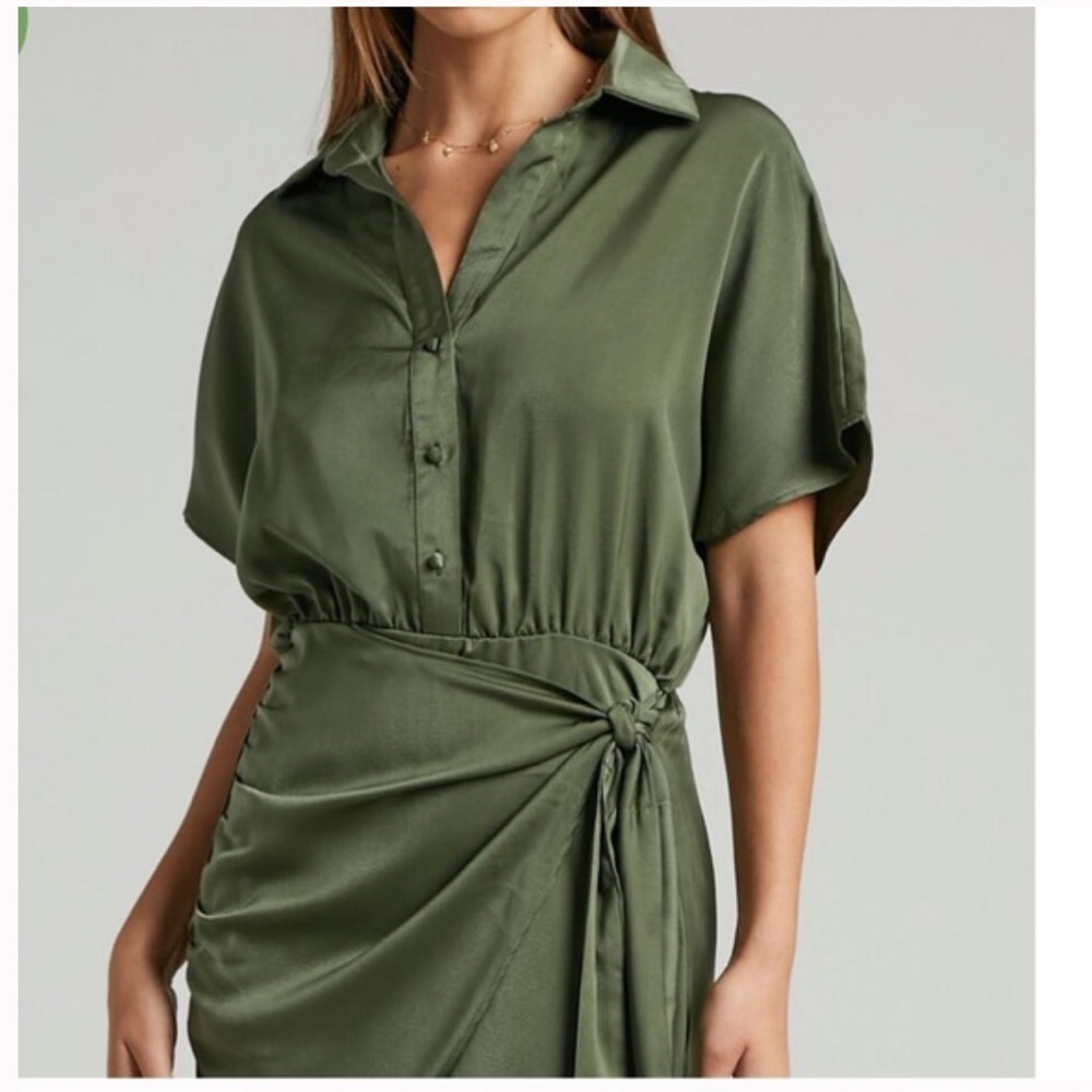 Showpo Ameleth Collared Wrap Front Mini Dress in Olive